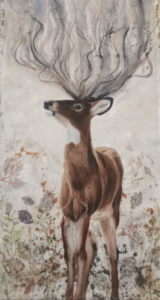 Panache de fumée, acrylique sur toile non tendue et impression végétale, 58 x 133cm
